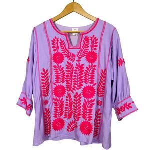 J Marie EMbroidered Tunic Top Lilac Pink 3/4 Sleeve Casual Scoop Neck - XS